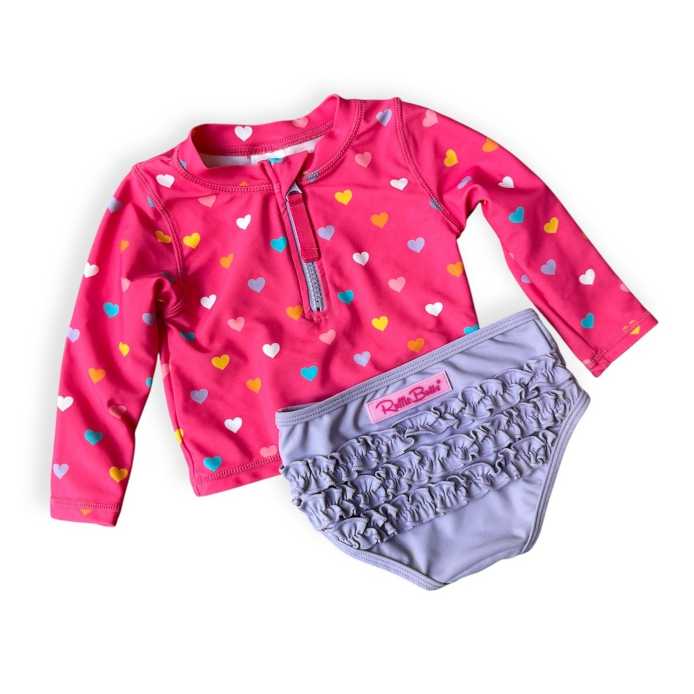 RuffleButts Girls Pink Heart Rash Guard Lavender Ruffle Bottom Swimsuit 12-18M